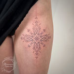 mandala fineline ornamental upperleg tattoo