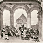 Im Hof von Schloss Stein, Baden (Auf dem Tisch P. Halter als Narren)