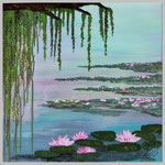 Seerosen, Acryl auf Spanplatte + Hinterglas, 50x50