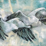 Kraniche im Flug | Tusche und Acryl auf handgeschöpftem Papier | 185 x 100 cm | 2024