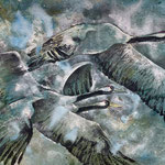 Kraniche im Flug | Mischtechnik auf handgeschöpftem Papier |  100 x 140 cm | 2019