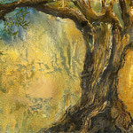 Olivenbaum, Tusche, Acryl auf handgeschöpftem Papier auf Leinwadn, 100 x 140 cm, 2024