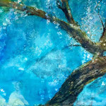 Kirschbaumblüte, Tusche und Acryl auf handgeschöpftem Papier auf Leinwand, ca. 100 x 200 cm 2025