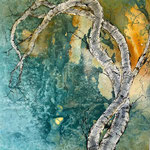 Birkenpaar, Tusche, Acryl auf handgeschöpftem Papier auf Leinwadn, 100 x 100 cm, 2025