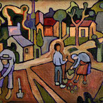 Il raccolto delle patate - olio su tela - 1969 - cm 35x45