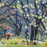 mit Freunden unterwegs, Acrly auf Leinwand, 18x24cm, 2025 / 180€.