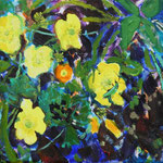 gelbe Blüten auf grün-schwarzen Grund mit türkis-grünem Käfer.