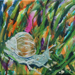 Weinbergschnecke in farbintensiver Graslandschaft.