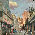 Street view in the sunset - Oil on canvas - 60x70 cm - 2020