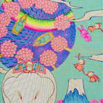 《楽園(四季山水-春)》 2014年　岩絵具・水干絵具・泥・三彩紙・樹脂膠　33.3×24.2cm / "Paradise(4 Seasons Landscape-spring)"　2014,pigments on paper mounted on a board panel,33.3×24.2cm