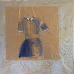 Eine Größe. Collage 88 x 88 cm. Packpapier, Umweltpapier, Garn.