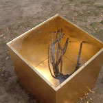 Ulla Nentwig 2002 "Rosengarten", Metall vergoldet, Plexiglas, Rosenstock 