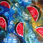 Wassermelonen - Hier zeige ich eine Paletten-Encaustic, die ich in schnellem Rhytmus mit Wachs und heißem Eisen gemalt habe.