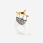 "JAIMA n 1"  methacrylate, silver, steel, suede, garnet stone.  2,4 x 1,8 x 4 cm.  size 13   D 16,1 mm