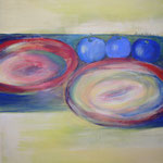 074 Drei blaue Äpfel, Acryl auf Leinwand, Brigitte Reich, 60 x 60 cm