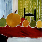 055 Äpfel und Birnen Interieur, Acryl auf Leinwand, Brigitte Reich, 100 x 100 cm