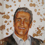 Genia Chef, Portrait of Arnold Schwarzenegger, 24 x 21 cm, oil and tea spots on canvas