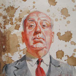 Genia Chef, Portrait of Alfred Hitchcock, 24 x 21 cm, oil and tea spots on canvas
