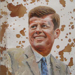 Genia Chef, Portrait of John F.Kennedy, 24 x 21 cm, oil and tea spots on canvas