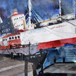 Cap San Diego im Hamburger Hafen, Aquarell (2012) entstanden im Malkurs von Andreas Mattern 