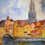 Regensburg, Steinerne Brücke, Aquarell, (2020)