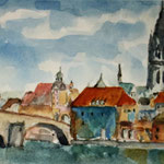 Regensburg, Steinerne Brücke, Aquarell, (2020)