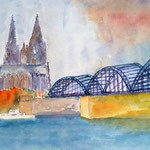 Köln, Rheinbrücke und Dom, Aquarell (2017)