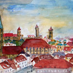 Nürnberg, Blick über Sebalduskirche zur Burg, Aquarell (2017)