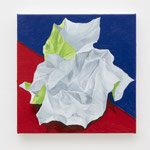 丸めた紙 ( 黄緑色 )：Rolled paper ( yellow-green )　　2024　　oil on canvas　　27.3 x 27.3 cm