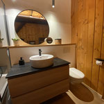 salle de bain design entièrement rénové en respectant le caractère du chalet à louer à arc 1600