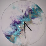 Uhr, Acryl, Resin auf Holzplatte, Durchmesser 30 cm