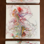Ohne Titel, Acryl, Resin, Pouring auf MDF-Platten, 3 mal 25 x 25 x 3 cm
