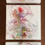 Ohne Titel, Acryl, Resin, Pouring auf MDF-Platten, 3 mal 25 x 25 x 3 cm