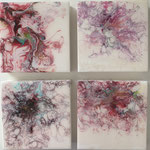 Ohne Titel, Acryl, Resin, Pouring auf MDF-Platte, 4 mal 15 x 15 x 3 cm