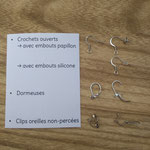 Crochets ouverts, dormeuses, clips et embouts en inox ou en silicone