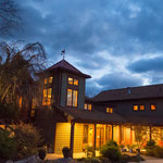 Night photo of Main Lodge entrance