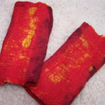 Stulpen rot/gelb, Merino mit Pongeeseide