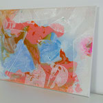Abstraktes Acrylgemälde in sanftem Blau, Rose und Perlweiß