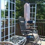 récupération structure alluminium ancien auvent;pour instalation  sur patio de piscine ;avec rideau pare soleil.