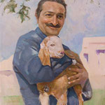 Meher Baba holding Nubien Goat