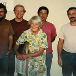 AGNES BARON with Charles Christian, Rusty Bostwick, Bob Hazard, and Sam Ervin long after the well incident. T985 after the fire at Meher Mount. (Margaret Magnus photo.)