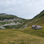 Die Hütten der Bräuningalm - links im Bild zeigt sich der Greimuth