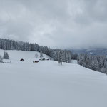 Den schönen Hütten kehrten wir sogleich den Rücken. Später würden wir ein Stück weit entlang der Schlepplifttrasse abfahren, die bei der Alm beginnt