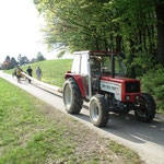 Der gefällte Baum wird mittels Traktor und Anhängerdeichsel nach Kasten gebracht.