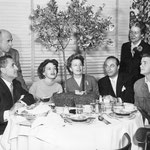 with Leonard Praskins (writer), director Arthur Lubin, Joan Evans, Leonard Goldstein, Edith Meiser and Richard Crenna on the set of 'It Grows On Trees'