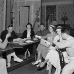 on set with director John Cromwell, Walter Huston, Edna May Oliver and Bruce Cabot