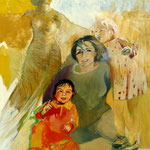 Rita mit ihren Enkelinnen (Athene im Hintergrund), Eitempera auf Leinwand, 100/70 cm, ca. 2004 und 2010