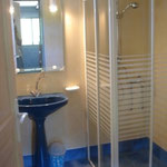 Salle d'eau avec douche, évier et toilettes.