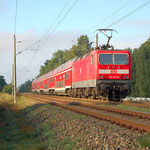 143 641-9 schiebt RE 7 nach Dessau. Aufgenommen am 30.08.2008 an km 9,6. Hier befindet sich die Waldbaumschule Stackelitz