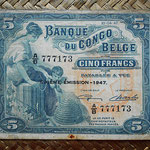 Congo belga 5 francos 1947 (100x80mm) pk.13Ad anverso